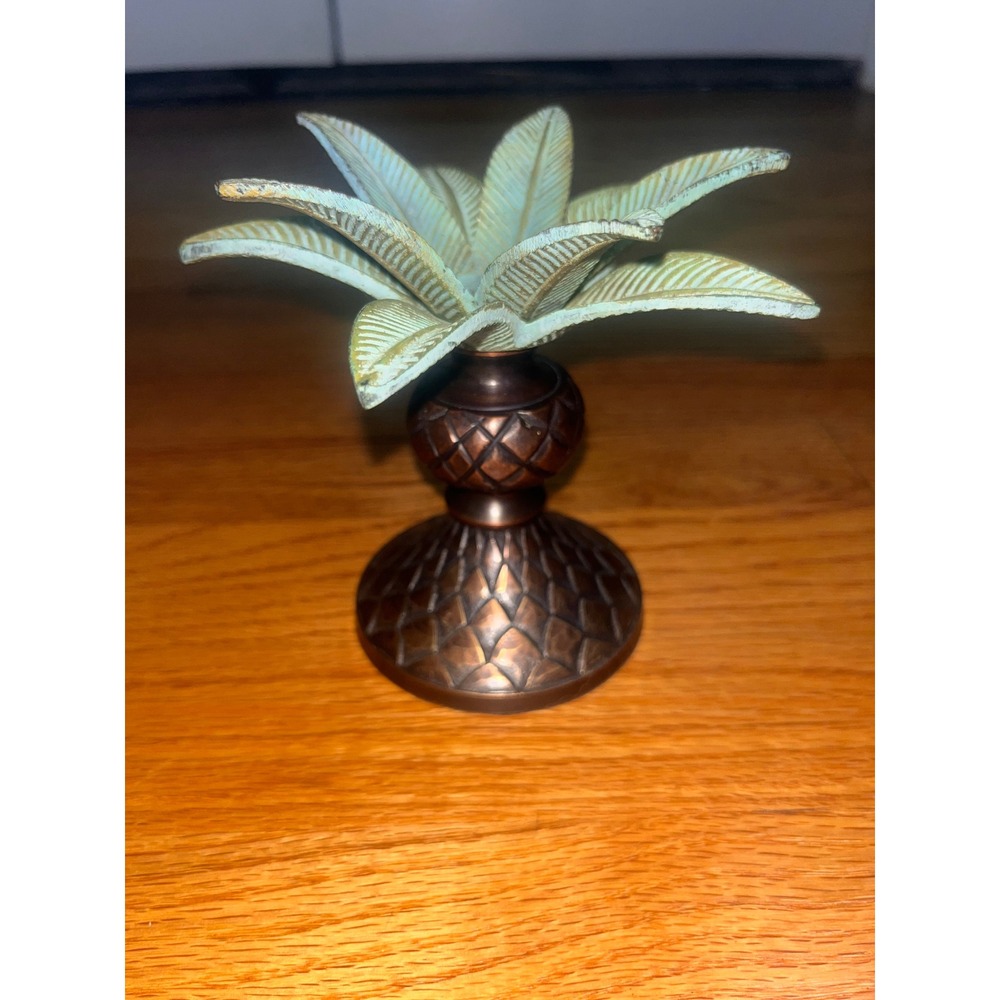 Vintage Metal Palm Tree Candle Holder Teal Green Antique Brass Accent
